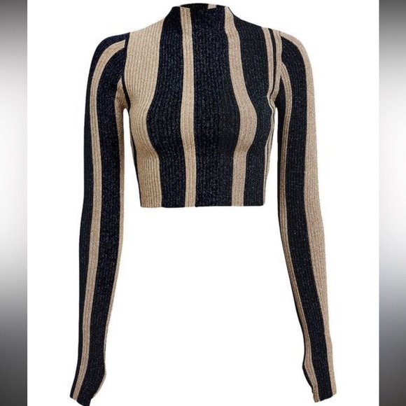 Self-Portrait Metallic Knit Cropped Turtleneck Top Navy Gold Striped Size Small - Picture 8 of 8